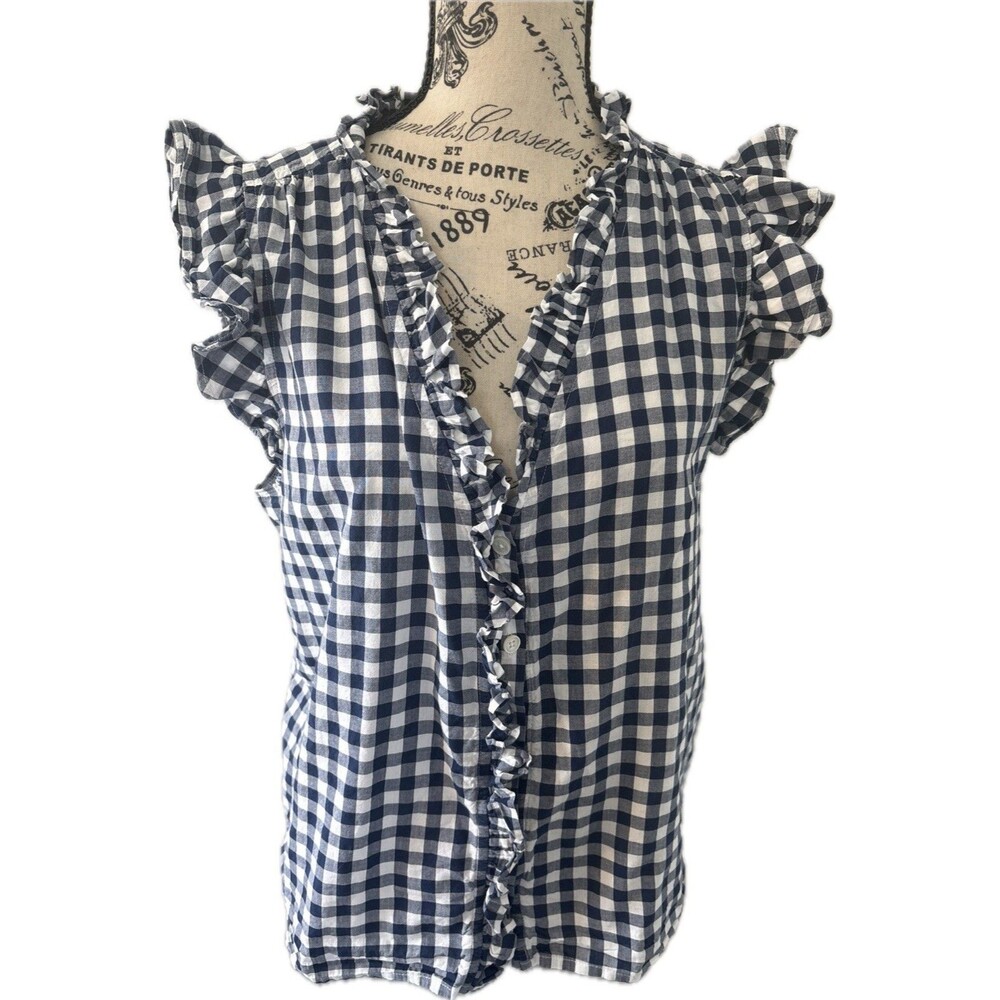 J.Crew Sleeveless ruffle top Gingham Size L Navy White Classic Preppy Cottage
